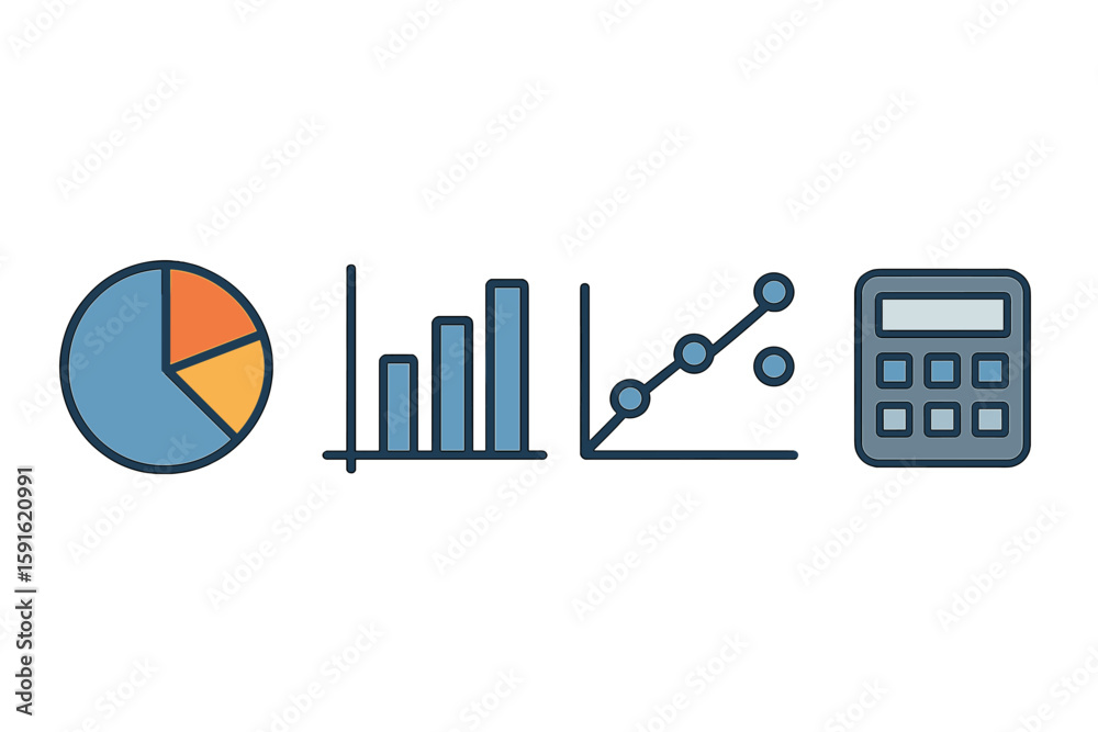 Poster visual representation of data analytics with charts, graphs, and a calculator in a modern design