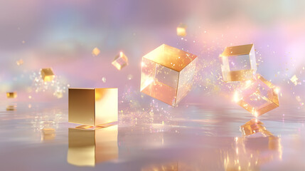 Golden Cubes Float on Water Surface. Abstract art. Use for marketing, web design, business concept.