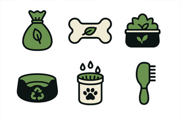 Eco-friendly pet supplies include bags, bones, food containers, and grooming tools for pets and the planet