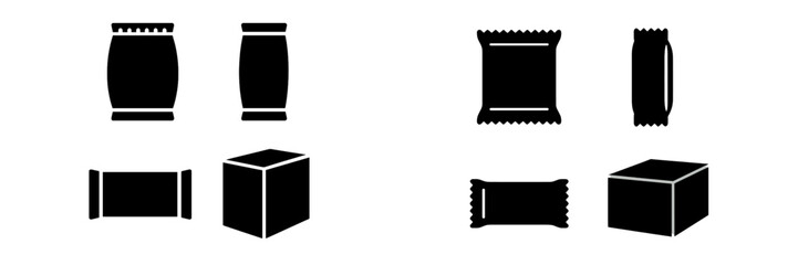 Various food packaging designs featuring jars, boxes, and bags arranged symmetrically on a plain background