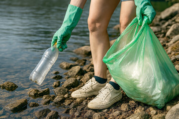Person picking up plastic waste while cleaning riverbank concept of Protecting animals from the problems of planetary pollution  