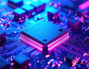 Glowing computer chip on vibrant circuit board