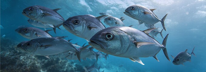 Obraz premium Juvenile amberjack fish swimming in daylight reef