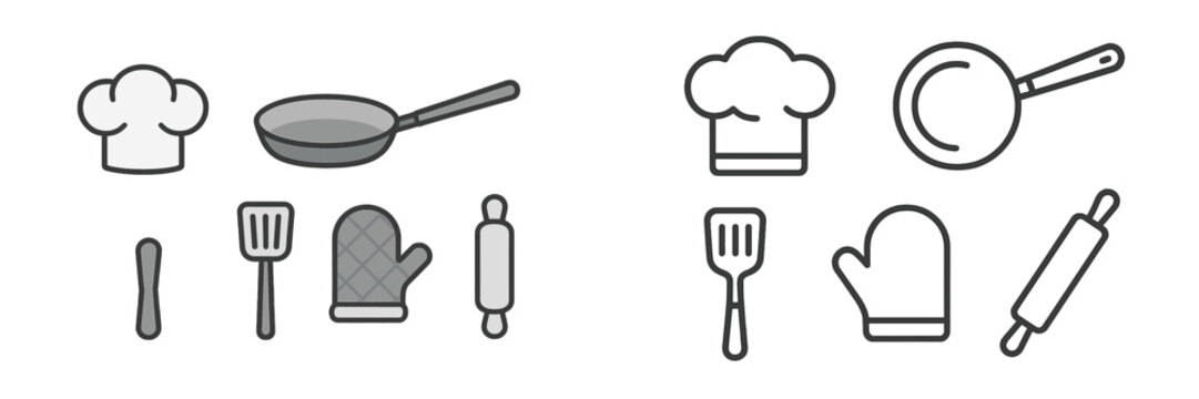Collection of kitchen utensils and chef icons depicting culinary tools and equipment for cooking and baking