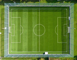 High-angle view of a soccer field.  Green, well-maintained