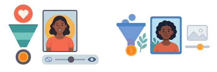 Creative digital icons representing online marketing strategies and user engagement in a simple graphic design