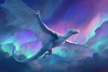 Majestic white dragon soars through aurora borealis