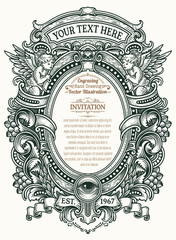 Elegant Ornate Vintage Engraving Invitation Frame with Cherubs and Eye - Vector Illustration
