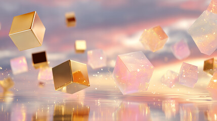 Cubes float over water reflecting in a surreal, dreamy landscape. Ideal for web, graphic design, marketing.