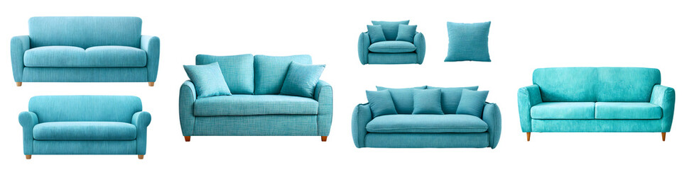 Fototapeta premium Set of Modern Turquoise Sofas and Armchairs Isolated on White