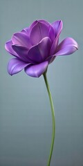 Stunning purple flower blooming with delicate petals and green stem against a neutral background