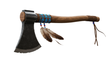 Hand Axe Detailed Studio Shot with Feathers and Beadwork