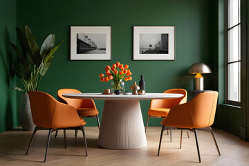 Modern dining room interior design featuring a wooden table and stylish chairs, illuminated by natural light from a large window, creating a luxurious home decoration style