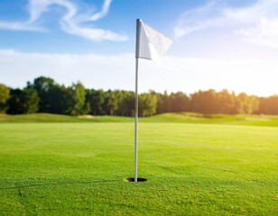 Obraz premium White golf flag in hole on sunny green golf course