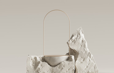 3D podium stone display on pastel beige background. Rock, cosmetic beauty product promotion pedestal with sun shadow and gold frame. Nature landscape showcase . Abstract minimal studio 3D render 