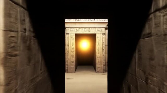 A slow pan through a hallway in an ancient Egyptian tomb reveals hieroglyphs and bright light in the distance, evoking mysteries of archeology and the time of pharaohs.
