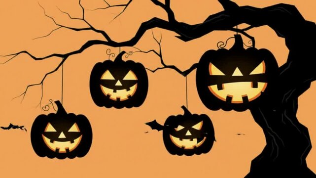 Halloween pumpkin lanterns hanging from a spooky tree illustration.