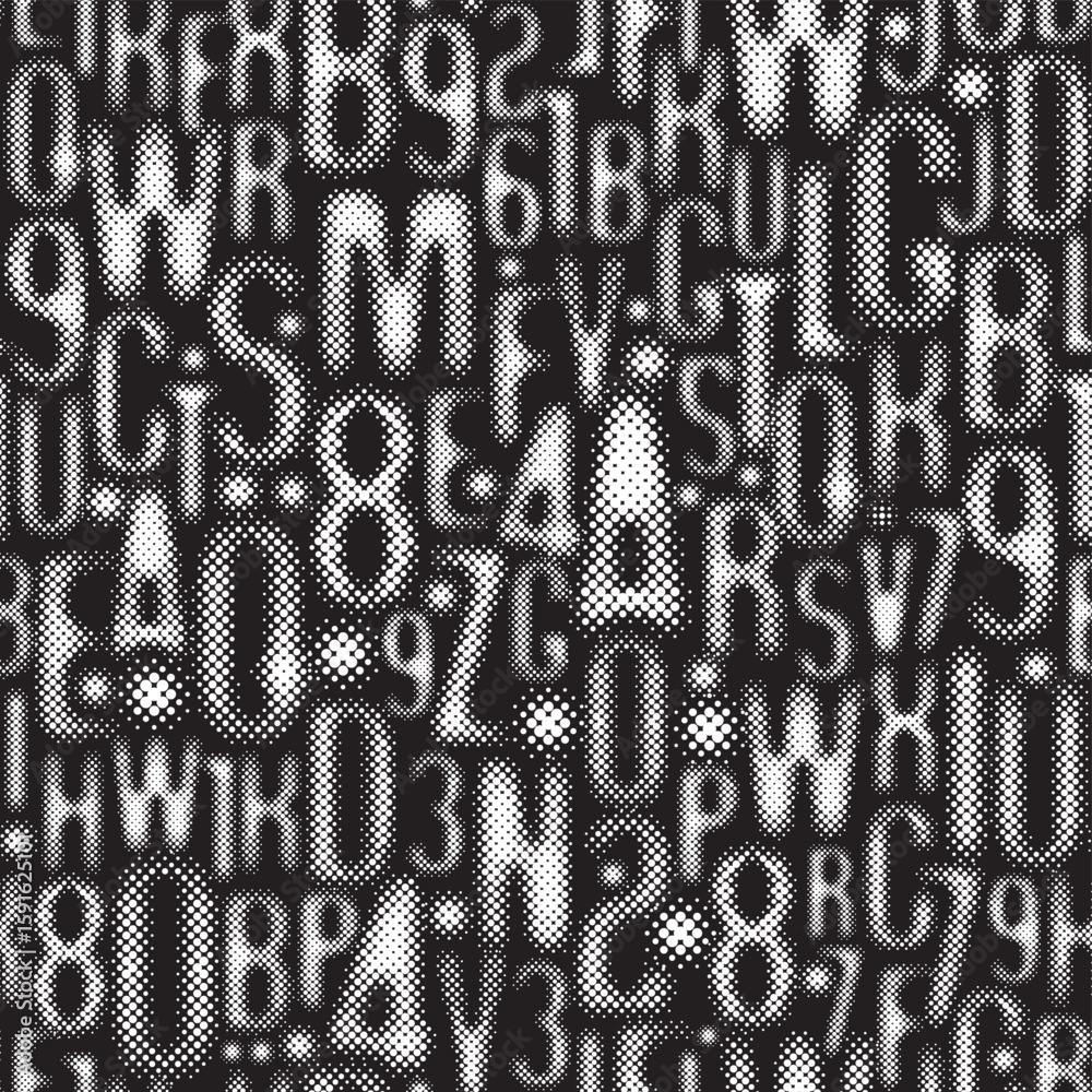 Poster seamless pattern with a font consisting of dots. on the theme of matrix print, computer games, digit