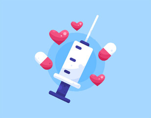 The concept of injectable drugs. Vaccines and antibiotics. Drugs are given by injection. Illustration of an injection with a capsule and a heart symbol. Flat design. Textured. Blue background. Element