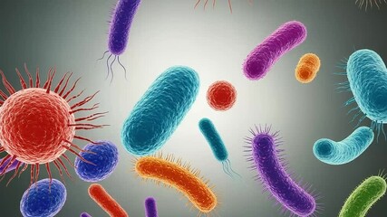 Colorful Microscopic Bacteria Floating Against a Gradient Grey Background