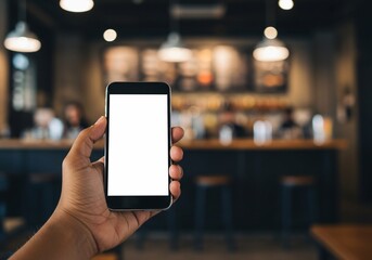 Smartphone with Blank Screen Held in Hand Against Blurred Cafe Background