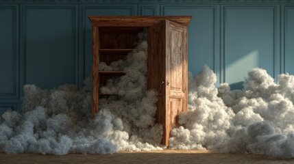 Wooden cabinet overflowing with fluffy white clouds