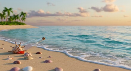 Obraz premium Message in a Bottle on Tropical Beach with Seashells at Sunset