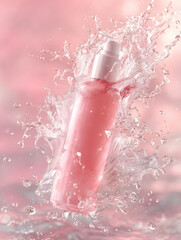 Pink toner bottle bursts through water in studio. For beauty, marketing, skincare use.