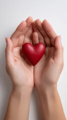 Obraz premium Hands gently cradling a red heart symbolizing love and care with a minimalist background highlighting the emotional connection