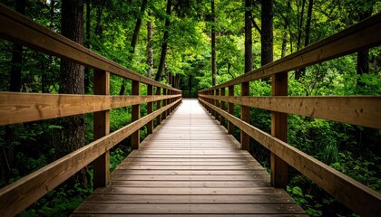 Wooden bridge path through lush forest