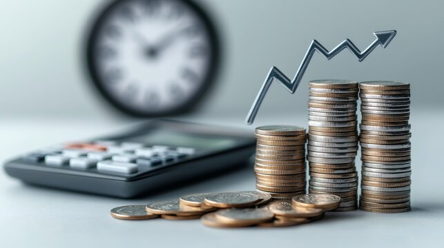 Coins stack growing up following upward trend with calculator and clock