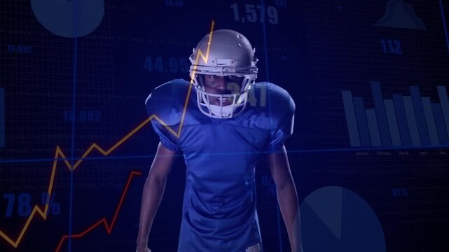 Football player stepping forward in studio adjusting helmet, activating sports analytics overlays - Powered by Adobe