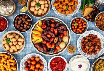 Overhead view of lavish Ramadan Iftar spread; dates, sweets, traditional Arabic dishes,  party,  sweets