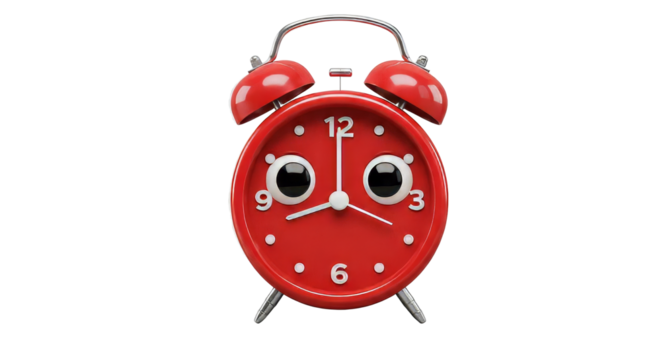 Red Alarm Clock with Cartoon Eyes Telling Time