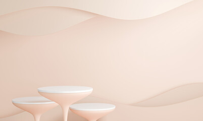 Product display podiums in soft peach and creamy white. Subtle wave background offers calm, luxurious, and modern presentation for beauty, jewelry, or premium goods.