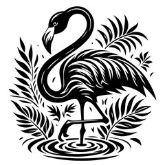 A striking black silhouette of a flamingo standing gracefully in water amidst tropical foliage