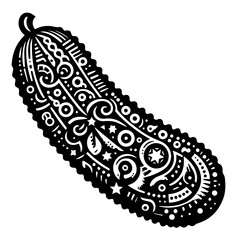 Obraz premium An artistic black and white illustration of a pickle with decorative patterns, representing a unique food item