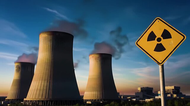 Nuclear Power Plant Towers Emit Dark Smoke with Radiation Warning Sign at Dusk