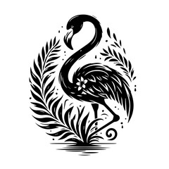 Obraz premium An elegant flamingo stands amidst lush foliage, isolated on white background