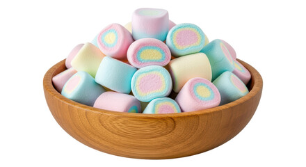 Isolated Marshmallows in Wooden Bowl, Pastel Colors