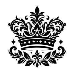 An ornate and decorative crown symbolizing royalty, power, and authority, rendered in a classic black and white illustration style