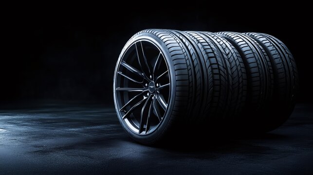 Car tires and alloy rims presenting modern automotive technology