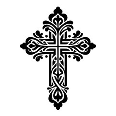 An ornate black celtic cross with intricate swirling patterns, isolated on a white background