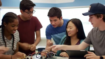 Diverse group of high school students collaborating on an electronics project in a modern classroom setting learning stem - Powered by Adobe
