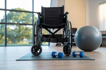Wheelchair and Exercise Equipment in Modern Rehabilitation Gym Setting for Fitness and Wellness