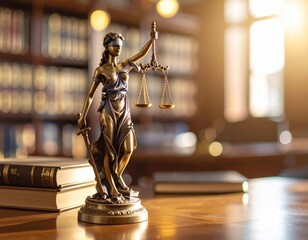 Lady Justice statue on wooden table with books in library, concept of law and fairness