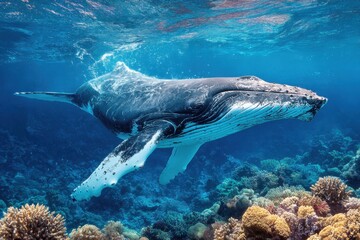 Obraz premium Majestic humpback whale swimming gracefully above vibrant coral reef in clear ocean waters