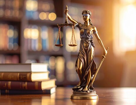 Bronze Lady Justice Statue with Books in a Law Library