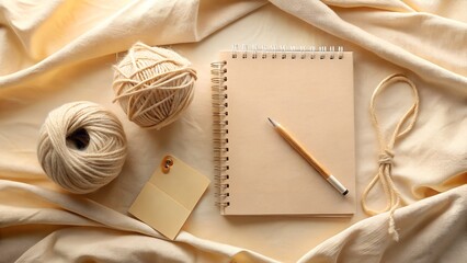 A cozy flatlay featuring yarn, a notebook, and a pencil arranged on a soft beige fabric, perfect for crafting and creative projects
