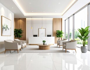 Fototapeta premium Modern reception area with white marble desk and comfortable seating